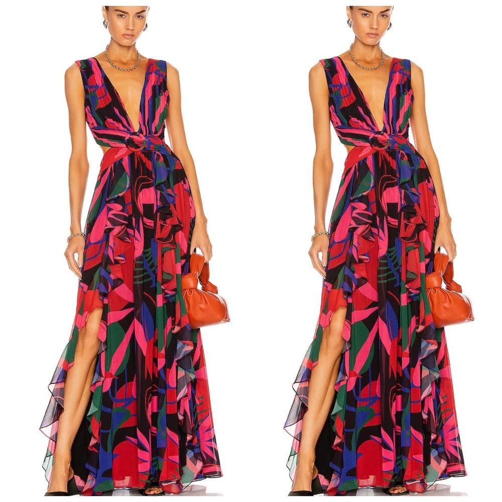 PatBO Red and Black Wrap Maxi Dress with Plunge Neckline